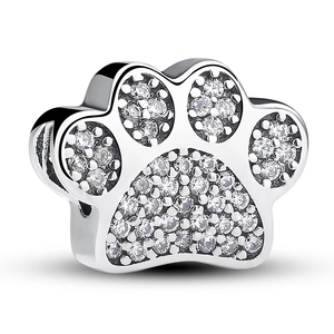 Silver animal paw print heart charm with sparkling cubic zirconia for DIY bracelets