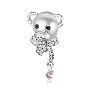 Ciondolo a forma di orso argentato con pietra rosa e fiocco scintillante decorativo