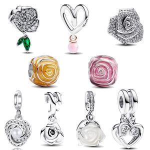 Silver Plated Rose Flower Heart Mom Charm Pendant For DIY Bracelet Necklace Valentine Mother's Day Jewelry Finding