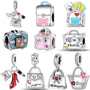 S925 Sterling Silver Charms Beads For DIY Bracelet Fashion Lipstick High Heels Suitcase Handbag Shopping Theme Enamel Jewelry