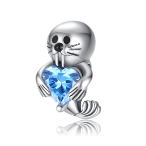 Charm foca in argento con cristallo cuore blu per bracciali di gioielli fai da te