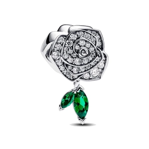 Macro detail of silver rose charm with sparkling white zircons and green gemstone leaves