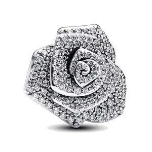 Elegant silver-plated rose flower pendant charm with shimmering cubic zirconia stones