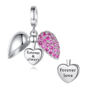 Herz-Medaillon aus versilbertem Kupfer mit rosa Zirkonia und Forever Love Gravur