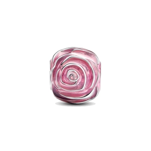 Detailed macro view of a 3D rose charm in silver finish with pink enamel for DIY bracelets
