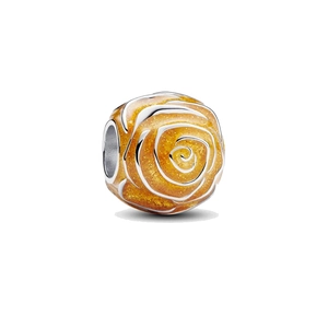 Detail view of silver rose charm with sparkling yellow enamel for DIY bracelets