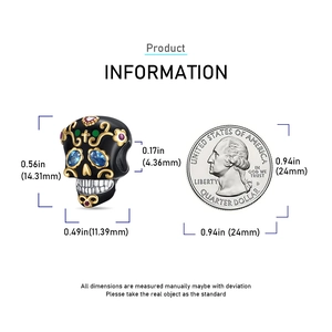 Detailed dimensions of Day of the Dead black sugar skull charm with size comparison coin