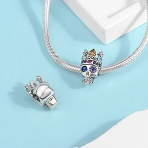 Silver skull pendant with crown and colorful gems for Halloween DIY jewelry making