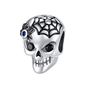 Macro shot of silver skull charm with spider web detail and blue zircon flower accent