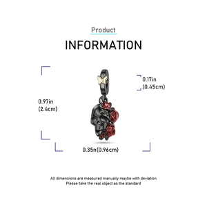 Detailed dimensions of Halloween skull and red rose pendant with gold butterfly