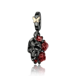 Gothic Halloween skull pendant with red roses and gold butterfly on black metal