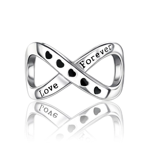 Detail of silver infinity charm with black enamel hearts and Forever Love engraving