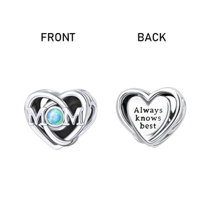 Detailed view of silver heart charm for bracelet featuring MOM letters and opal stone