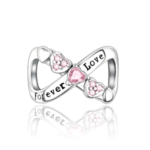 Detail of infinity charm with pink heart gemstone and Forever Love engraving