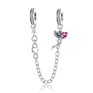 Silberne Sicherheitskette für Armbänder mit Feen-Anhänger und rosa Zirkonia-Herz-Charm