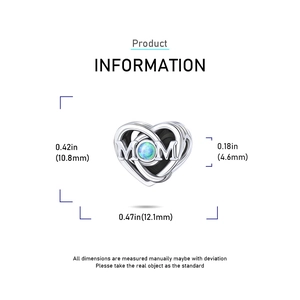 Detailed size view of silver heart mom charm with opal stone, measuring 10.8mm by 12.1mm