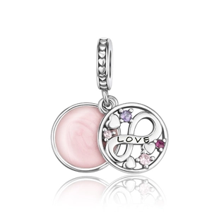 Silver infinity heart charm with pink inlay and LOVE engraving for bracelets