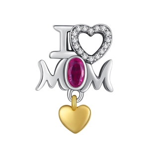 Detail of I Love MOM charm with red gemstone and sparkling pavé heart pendant
