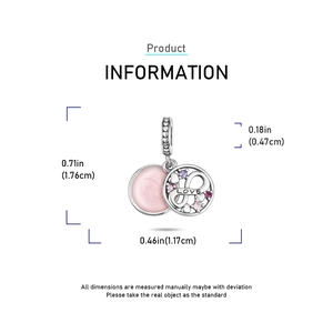 Detail view of S925 silver love heart charm with dimensions and pink zircon stones