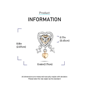 Macro view showing dimensions of heart and infinity charm with sparkling cubic zirconia