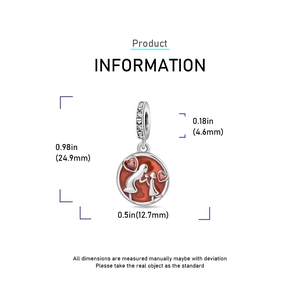 Detailed dimensions of silver heart charm with mother and daughter silhouette on red enamel