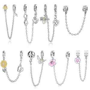 Versilberte Kupfer Sicherheitskette Charms Für Armband DIY Schmuckzubehör Sonnenblume Herz Biene Sakura Zirkonia Damen