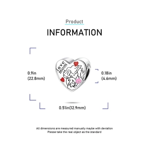 Macro detail of silver heart charm with Love Mom engraving and size measurements