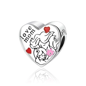 Detailed S925 silver heart charm with Love Mom engraving and colorful enamel accents
