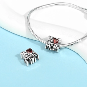 S925 sterling silver I Love MOM heart charm with red zircon for DIY bracelets
