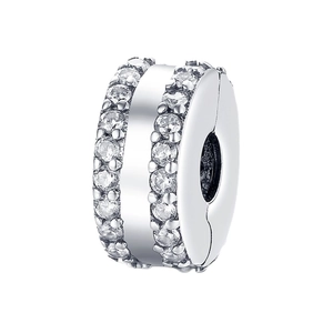 Detailed macro view of silver-plated DIY clip charm with sparkling clear zircon accents