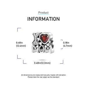 Detailed size view of I Love Mom heart charm with red gem for DIY bracelets