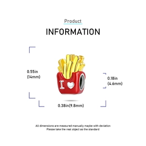 Ciondolo patatine fritte creativo in smalto oro e rosso con misure dimensionali
