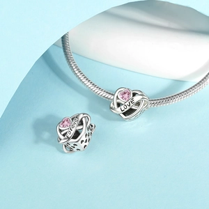 S925 sterling silver hollow heart charm with pink gemstone and Forever Love engraving