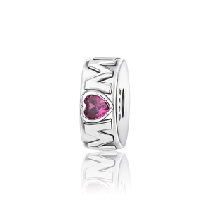 Silver MOM charm bead with heart-shaped pink zircon and S925 engraving on white background