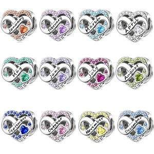 Silver Plated Copper Heart Infinity Birthstone Charms For Bracelet DIY Jewelry Making Twelve Month Rhinestone Heart Beads Accessory