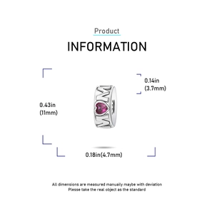 Detailed dimensions of silver MOM charm with pink heart gemstone and cutout design