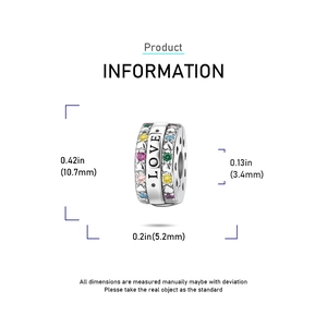 Detailed view of silver charm with colorful zircons and LOVE engraving with dimensions