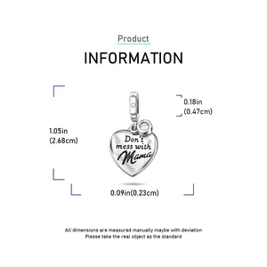 Detailed size specifications for heart charm pendant with Mama engraving and pink zircon