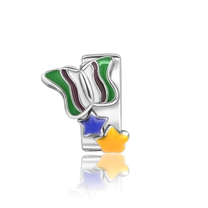 Detail of silver modular charm with enamel butterfly and colorful star decorations
