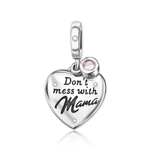 Silver heart charm with Don't mess with Mama lettering and pink cubic zirconia