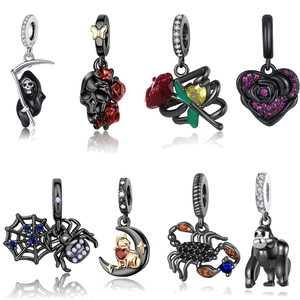 Gothic Halloween Black Charms Zirconia Skull Grim Reaper Spider Rose Pendant For Bracelet Necklace