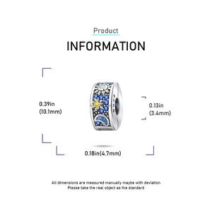 Detailed view of silver bead with sun moon motif and zirconia showing exact dimensions
