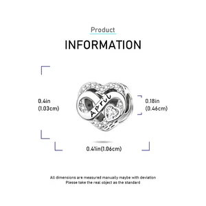 Detailed size chart of the heart-shaped April birthstone charm in silver-plated copper
