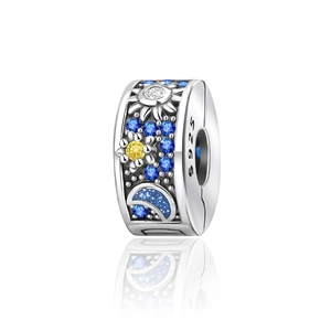 Detail of silver sun and moon charm bead with S925 engraving and colorful cubic zirconia