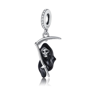 Detail of S925 silver Grim Reaper pendant with black enamel and zircon inlay