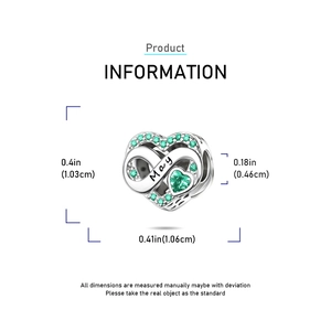 Detailed size specifications for the silver infinity heart charm with May birthstone