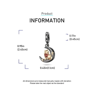 Detailed size specifications for the moon fox pendant with heart gem in inches and cm