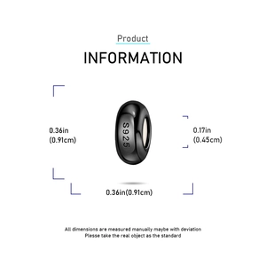 Macro view of a 925 silver black charm spacer bead with precise diameter measurements