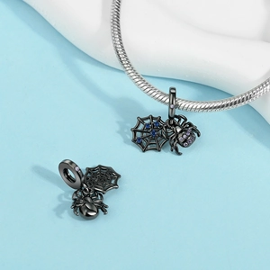 Gothic spider and web charms in black nickel with purple and blue cubic zirconia stones