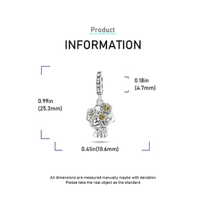 Macro view of flower bouquet bead charm with dimensions 25.3mm x 10.6mm in silver